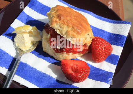 Ein englische Creme Tee serviert im Garten an einem Sommertag im Vereinigten Königreich Stockfoto