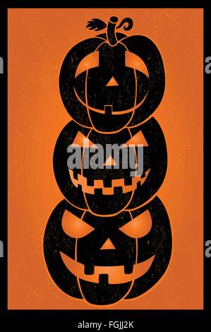 Halloween party postcard with three pumpkins on orange background Stock Vektor