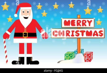 Santa Claus Illustration mit Frohe Weihnachten Wegweiser Stock Vektor