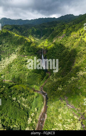 Luftaufnahme eines Wasserfalls in den Wäldern von Kauai, Hawaii. Stockfoto