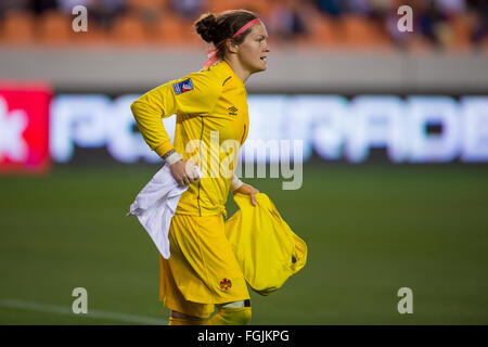 Houston, TX, USA. 19. Februar 2016. Kanada-Torhüter Erin McLeod (1) verlässt das Feld, nachdem ein Halbfinale Olympia-Qualifikation CONCACAF Fußballspiel zwischen Kanada und Costa Rica BBVA Compass Stadium in Houston, Texas. Trask Smith/CSM/Alamy Live-Nachrichten Stockfoto