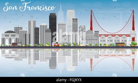 Skyline von San Francisco mit grauen Gebäude, blauer Himmel und Reflexion. Vektor-Illustration. Geschäftsreisen und Tourismus-Konzept Stock Vektor