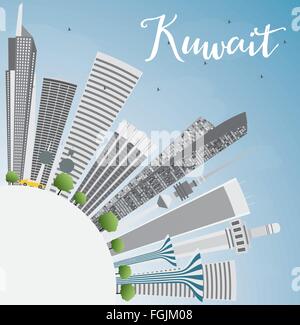 Kuwait-Stadt Skyline mit grauen Gebäuden und blauer Himmel. Vektor-Illustration. Geschäftsreisen und Tourismus-Konzept mit Textfreiraum. Stock Vektor