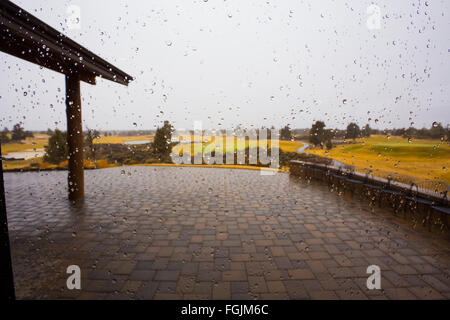 Regenwetter auf einem Golfplatz hat Regentropfen auf der Glasoberfläche mit der Natur außerhalb dieses abstrakte Texturbild hinterlassen. Stockfoto