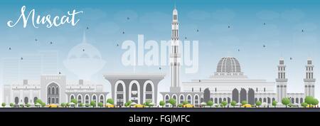 Muscat Skyline mit grauen Gebäuden und blauer Himmel. Vektor-Illustration. Geschäftsreisen und Tourismus-Konzept mit historischen Gebäude Stock Vektor