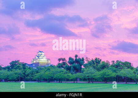 Bunten Sonnenuntergang Himmel hinter Himeji-Jo Burg und grüner Baum und Grass Vordergrund in Himeji, Japan nach 2015 Ren wiedereröffnet Stockfoto