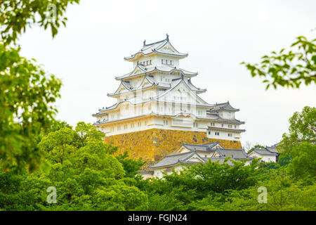 Bäume und Blätter umrahmen die schönen Details der Burg Himeji-Jo auf bedecktem Tag in Himeji, Japan nach 2015 Renovierungsarbeiten finis Stockfoto