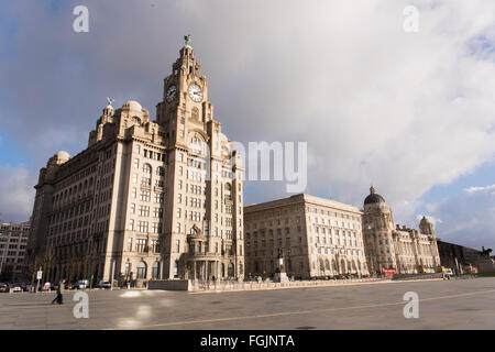 Die drei Grazien, Liverpool. Gebäude von links nach rechts - Royal Liver Building, Cunard Building, Port of Liverpool Building Stockfoto