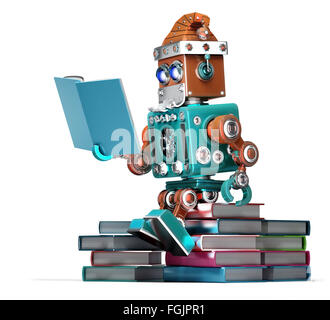 Robot Santa Bücher zu lesen. Isoliert auf weiß. Clipping-Pfad enthält Stockfoto