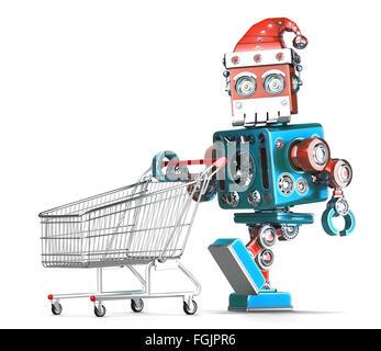 Vintage-Roboter-Weihnachtsmann mit Warenkorb. Isoliert auf weiß. Clipping-Pfad enthält Stockfoto