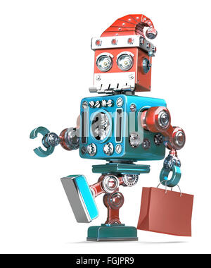 Roboter-Santa geht mit Einkaufstasche. Isoliert auf weiß. Clipping-Pfad enthält Stockfoto