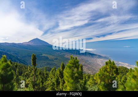 Blick auf den Vulkan Teide und Orotava-Tal vom Mirador de Chipeque, Teneriffa, Kanarische Inseln, Spanien Stockfoto