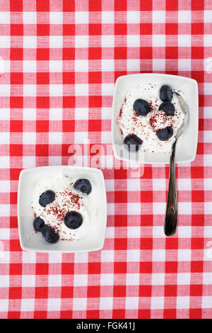 Skyr mit Blaubeeren und Cranberry Pulver gekrönt. Stockfoto