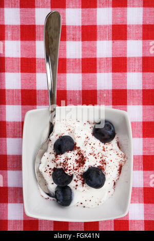 Skyr mit Blaubeeren und Cranberry Pulver gekrönt. Stockfoto