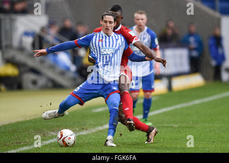 Sinsheim, Deutschland. 20. Februar 2016. Mainz "Jhon Cordoba (R) und Hoffenheim Sebastian Rudy wetteifern um den Ball in der deutschen Bundesliga-Fußballspiel zwischen 1899 Hoffenheim und FSV Mainz in der Rhein-Neckar-Arena in Sinsheim, Deutschland, 20. Februar 2016. Foto: UWE ANSPACH/Dpa (EMBARGO Bedingungen - Achtung: aufgrund der Akkreditierungsrichtlinien die DFL nur erlaubt die Veröffentlichung und Nutzung von bis zu 15 Bilder pro Spiel im Internet und in Online-Medien während des Spiels.) / Dpa/Alamy Live News Stockfoto