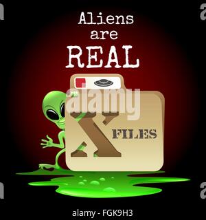 Die lächelnde alien Blick von X Datei mit Wortlaut Aliens sind real. Kostenlose Schriftart verwendet. Stock Vektor