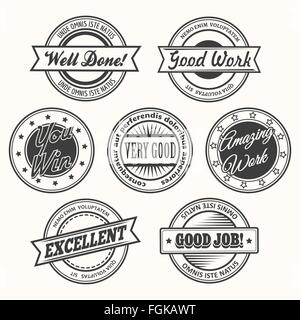 Motivierende und inspirierende Creative Erfolg Briefmarken oder Abzeichen Set. Isoliert auf weiss. Kostenlose Schriftart Stock Vektor