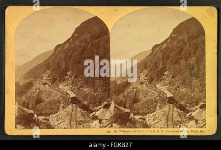 Ein stereoskopischer Blick aus der Robert N. Dennis-Sammlung zeigt den Mount Willard und einen Zug der P. & O. Railroad, der durch Crawford Notch in New Hampshire fährt. Stockfoto