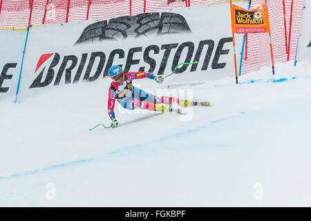 Chamonix, Frankreich. 20. Februar 2016. USA-Ski-Team-Mitglied Steven NYMAN auf Skiern auf Podium am 2. Platz. Der Audi FIS World Cup 9. Herrenabfahrt fand in Chamonix Frankreich mit einer "Jour Blanc" (grauer Himmel und diffusem Licht) und einige leichte Schnee. Das Podium war - 1-PARIS Dominik (ITA) 1:58.38 2 - Steven NYMAN (USA) 1:58.73 3 - Beat FEUZ (SUI) 1:58.77 AUDI FIS SKI WORLD CUP 2015/16 Credit: Genyphyr Novak/Alamy Live News Stockfoto