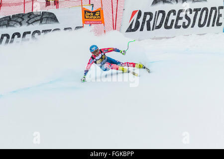 Chamonix, Frankreich. 20. Februar 2016. USA-Ski-Team-Mitglied Steven NYMAN auf Skiern auf Podium am 2. Platz. Der Audi FIS World Cup 9. Herrenabfahrt fand in Chamonix Frankreich mit einer "Jour Blanc" (grauer Himmel und diffusem Licht) und einige leichte Schnee. Das Podium war - 1-PARIS Dominik (ITA) 1:58.38 2 - Steven NYMAN (USA) 1:58.73 3 - Beat FEUZ (SUI) 1:58.77 AUDI FIS SKI WORLD CUP 2015/16 Credit: Genyphyr Novak/Alamy Live News Stockfoto