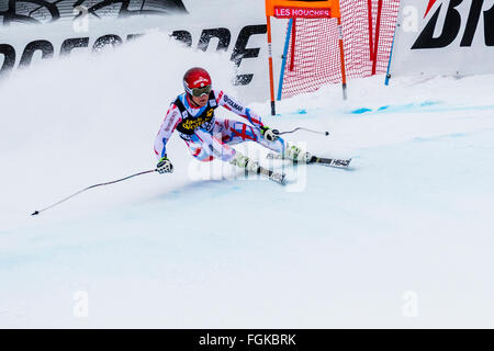 Chamonix, Frankreich. 20. Februar 2016. Junge lokale Chamonix Skifahrer, die Blaise GIEZENDANNER zu einer Überraschung 9.Platz Ski, seine besten Weltcup-Abfahrt fertig. Der Audi FIS World Cup 9. Herrenabfahrt fand in Chamonix Frankreich mit einer "Jour Blanc" (grauer Himmel und diffusem Licht) und einige leichte Schnee. Das Podium war - 1-PARIS Dominik (ITA) 1:58.38 2 - Steven NYMAN (USA) 1:58.73 3 - Beat FEUZ (SUI) 1:58.77 AUDI FIS SKI WORLD CUP 2015/16 Credit: Genyphyr Novak/Alamy Live News Stockfoto
