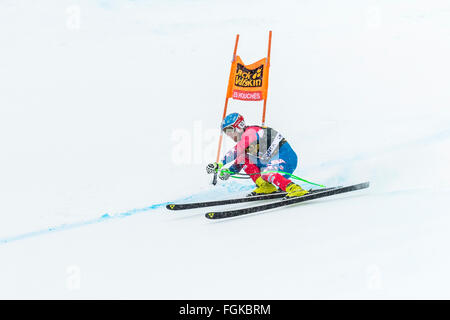 Chamonix, Frankreich. 20. Februar 2016. USA-Ski-Team-Mitglied Steven NYMAN auf Skiern auf Podium am 2. Platz. Der Audi FIS World Cup 9. Herrenabfahrt fand in Chamonix Frankreich mit einer "Jour Blanc" (grauer Himmel und diffusem Licht) und einige leichte Schnee. Das Podium war - 1-PARIS Dominik (ITA) 1:58.38 2 - Steven NYMAN (USA) 1:58.73 3 - Beat FEUZ (SUI) 1:58.77 AUDI FIS SKI WORLD CUP 2015/16 Credit: Genyphyr Novak/Alamy Live News Stockfoto