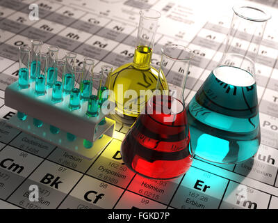 Reagenzgläser für Labor und Fläschchen mit farbigen Flüssigkeiten auf das Periodensystem der Elemente. Wissenschaft-Chemie-Konzept.  3D Stockfoto