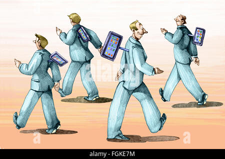 Männer gehen wie Automaten gesteuert vom Handy Stockfoto