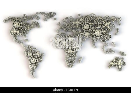 Karte der Welt von Zahnrädern. Weltwirtschaft Verbindungen und internationale Business-Konzept. 3D Stockfoto