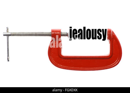 Das Wort "Eifersucht" ist mit einem Schraubstock komprimiert. Stockfoto