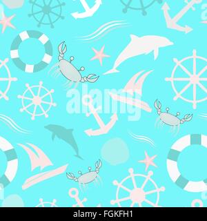 Nahtlose Muster mit nautischen Meer Elementen. In einem niedlichen Kind-Stil. Mit Boot und Yacht. Stock Vektor