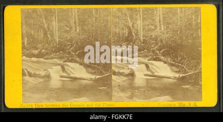 Dieses Vintage-Foto, aufgenommen von H. S. Fifield, fängt den atemberaubenden Blick zwischen der Kaskade und der Flume in den Franconia Mountains in New Hampshire ein. Das Bild hebt die majestätische Naturlandschaft hervor und zeigt die markanten Felsformationen und die üppige Umgebung. Stockfoto