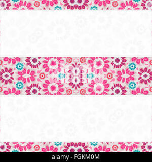 Quadratischer weißen Hintergrund mit stilisierten Blumen Motiv Design Grenzen in rosa und blaugrünen Tönen. Stockfoto