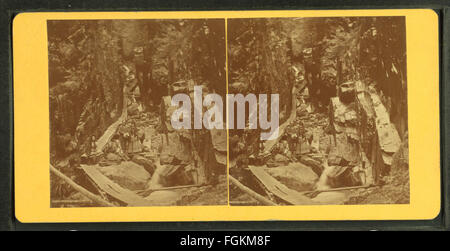 „View of the Flume“, aufgenommen 1872 von H. S. Fifield, ist ein historisches Foto, das die landschaftliche Schönheit der Flume einfängt. Das Foto zeigt die Fähigkeit des Fotografen, das raue Gelände der Umgebung zu erfassen. Stockfoto