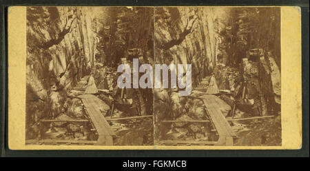 Ein historisches Foto von 1864, das Besucher in der Flume zeigt, aufgenommen von H. S. Fifield. Das Bild fängt einen Moment der öffentlichen Begegnung mit einer Wasserrinne ein, die im 19. Jahrhundert zu Unterhaltungs- und Transportzwecken beliebt war. Stockfoto