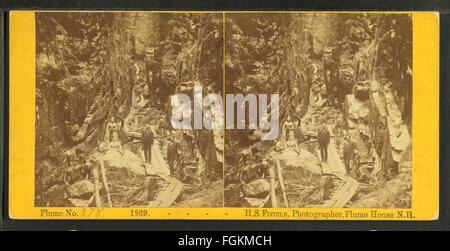 Dieses Vintage-Foto, das 1869 von H. S. Fifield aufgenommen wurde, fängt Besucher des Flume ein, einem beliebten Ort, der für seine malerische Aussicht bekannt ist. Das Bild bietet einen Einblick in den historischen Kontext der Epoche und die Entwicklung der Freizeitaktivitäten. Stockfoto