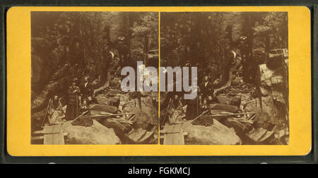 Diese Vintage-Fotografie aus dem Jahr 1873, aufgenommen von H. S. Fifield, zeigt die Besucher der Flume und fängt den historischen Moment der Freizeit während des späten 19. Jahrhunderts ein. Das Bild bietet einen Einblick in die öffentlichen Aktivitäten und Attraktionen der Epoche. Stockfoto