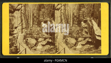 Diese Vintage-Fotografie aus dem Jahr 1880, aufgenommen von H. S. Fifield, zeigt die Besucher der Flume, einer wichtigen historischen Stätte. Das Bild fängt die Kleidung der Individuen und die Struktur der Flume ein und spiegelt die sozialen und technologischen Aspekte des späten 19. Jahrhunderts wider. Stockfoto