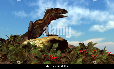 Nanotyrannus Dinosaurier ruht auf einem Felsen zwischen roten Blumen und Farn tagsüber - 3D render Stockfoto