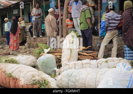 DEGAN, Äthiopien-März 25, 2013: Einheimischen Handel mehrere Packungen von Khat-Blätter zusammen mit etwas Feuerholz für den lokalen Markt. Stockfoto