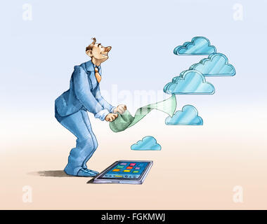 ein Mann macht Rauchzeichen mit einem Telefon zu feuern, die Wolken sind geboren Stockfoto