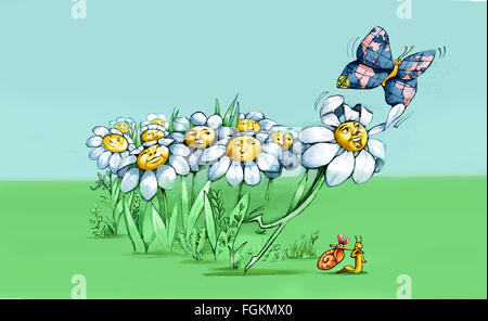 ein Gänseblümchen hebt ab, einen Schmetterling, gezogen auf den Flügeln der Welt zu jagen Stockfoto
