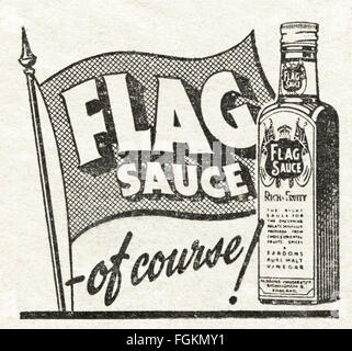 Original Vintage Anzeige aus den 1940er Jahren. Anzeige vom 1947 Werbung Flagge Sauce. Stockfoto