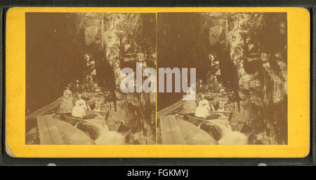 Dieses Foto von H. S. Fifield aus dem Jahr 1871 zeigt Besucher der Flume, einem beliebten Naturdenkmal in den Vereinigten Staaten. Das Bild bietet einen Einblick in den historischen Tourismus und das Interesse an den Naturwundern der Zeit. Stockfoto