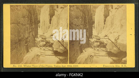 Eine historische Fotografie, die am 29. April 1869 von H. S. Fifield aufgenommen wurde und die Winteransicht der Flume in den Franconia Mountains in New Hampshire zeigt. Das Bild fängt die raue natürliche Schönheit und die schneebedeckte Landschaft der Region während des 19. Jahrhunderts ein. Stockfoto