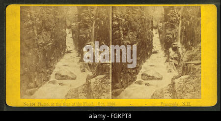 Dieses Foto fängt die Flume in Franconia, New Hampshire, während der Flut im Oktober 1869 ein. Das Bild, aufgenommen von H. S. Fifield, hebt die dramatische Kraft des Wassers und die umliegende natürliche Schönheit hervor. Die Flume, ein beliebtes Naturdenkmal, war ein Schwerpunkt der Landschaft der Region. Stockfoto