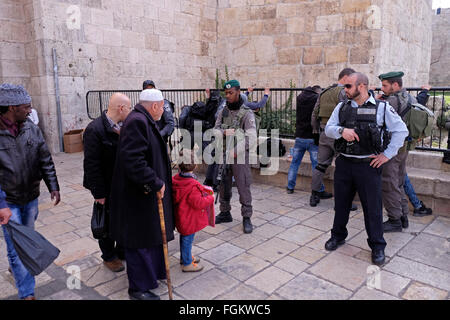 Jerusalem, Israel. 20. Februar 2016.  Israelische Sicherheitskräfte überprüfen junge palästinensische Männer am Eingang des Damaskustores außerhalb der alten Stadt Ost-Jerusalem Israel am 20. Februar 2016. Das Damaskustor ist seit Oktober 2015 der Standort für viele Angriffsversuche stechende und Terror. Bildnachweis: Eddie Gerald/Alamy Live-Nachrichten Stockfoto