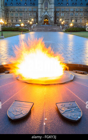 Das Parlamentsgebäude und Centennial Flame in Ottawa Stockfoto