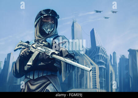 Futuristische Krieger mit Waffen Stockfoto