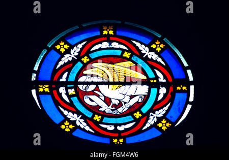 Abschnitt der Darstellung eines Adlers das Emblem des Heiligen Johannes, St.Magnus Scottish Episcopal Church Lerwick Shetland Ostfenster Stockfoto